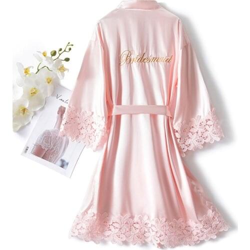 Embroidery Letter Lace Bride Bridesmaid Wedding Robe 2021 New Satin Kimono Bathrobe Gown Women Lingerie Nightwear Home Clothes