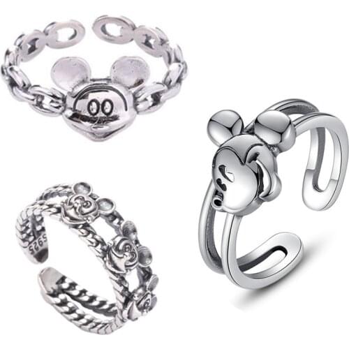 Disney Sterling Silver Cartoon Mickey Retro Ring Cute Mickey Mouse Open Ring boys girls Student Gift