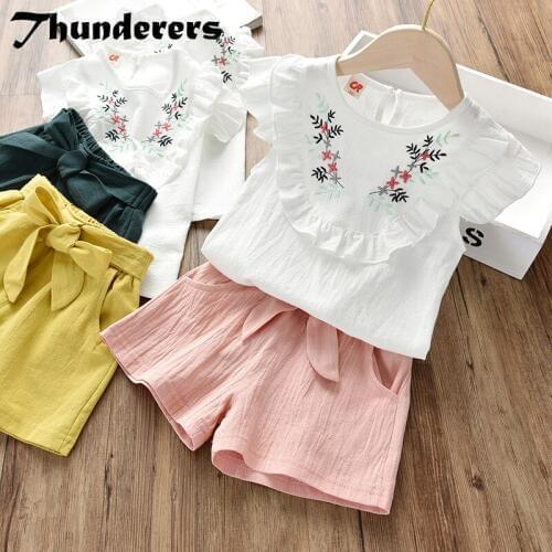 Thunderers Summer Kids Clothing Set For Girls Embroidery Shirt With Short Pants Children 2pcs Outfits Casual Girl Clothes Suit