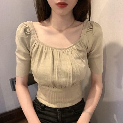 Korean Style Square Collar All Match Temperament Short Sleeve Women Knitted Sweater External Wear Shirt Casual Tops