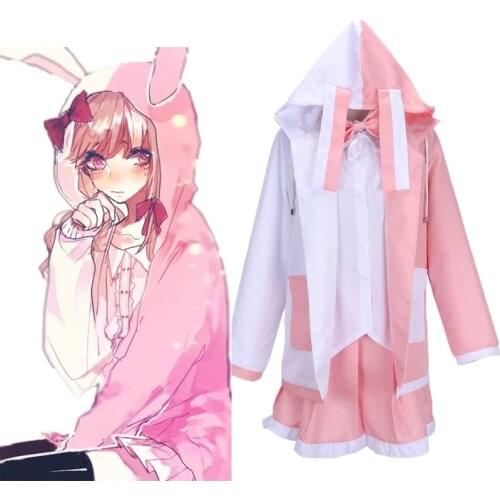 Danganronpa2 Monomi Cosplay Costume Dangan Ronpa Cosplay Uniform School Hooded Skirt With Pink Rabbit Pink Long Wig