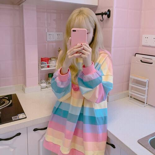 Kawaii Clothing Long Sleeved T-Shirt Rainbow Pastel Goth Harajuku Ulzzang Pink