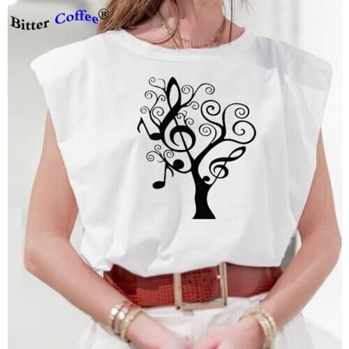 Music Notes Tree Fashionable Elegant Shoulder Pad Sleeveless Loose Temperament T-shirt Vest Summer Style Lady Tees Tops