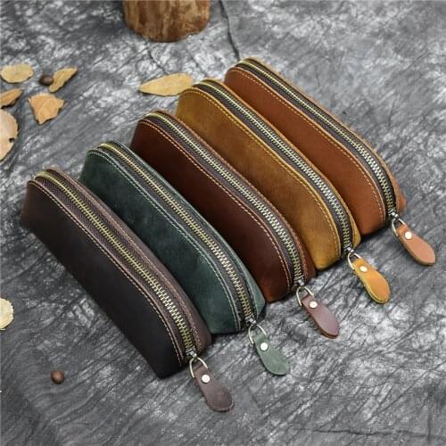 MAHEU Fashion Genuine Leather Pen Bag Storage Bag Zipper Leather Pencil Case Real Cowhide Crazy Horse Leather Bag For Pen