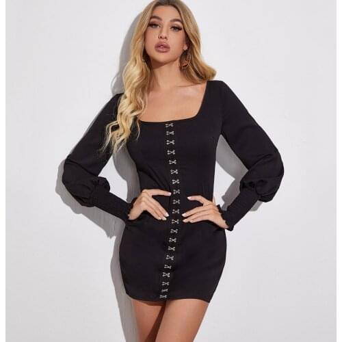 Fashion Bodycon Dress Vintage Square Collar Woman Clothes Long Sleeves Zipper Evening Dresses Female Clothing Autumn Mini Dress