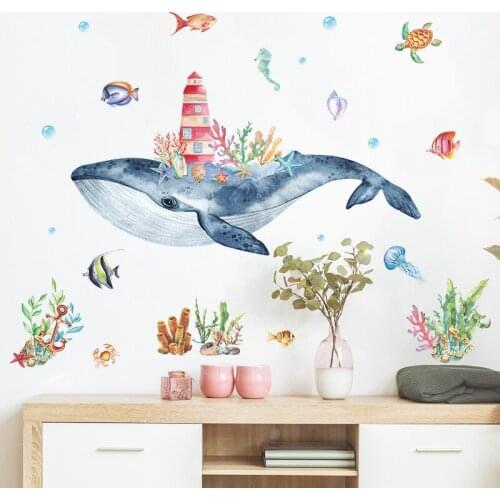 Cartoon Whale Castle Wall Stickers for Kids Room Bedroom Decor Aesthetic Boy Girl Room Decoration Mural Wallpaper Art Decal