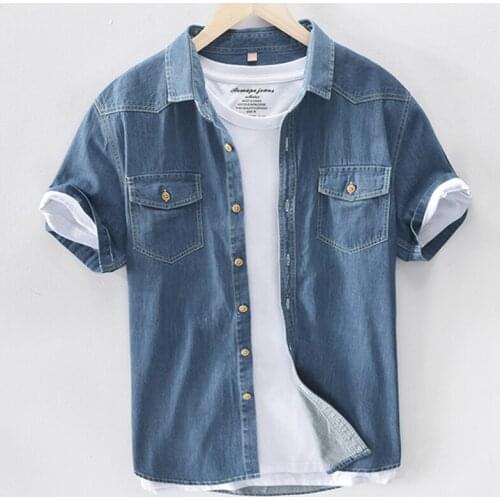 Men New Short-sleeved Denim Shirt Business Casual 100% Cotton Denim Half Sleeve Shirt Male Summer Solid Color Square Collar Top