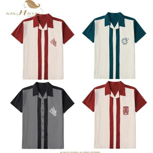 Chemise homme ST127 Short Sleeve Retro Vintage Rock Rockabilly Plus Size Cotton Men Shirt Button-Down Bowling Shirts
