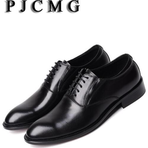 PJCMG Spring/Autumn Mens Business Lace-Up Black/Brown Pointed Toe Dress Genuine Leather Wedding Oxfords Office Shoes