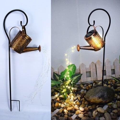 Solar Powered Wrought Iron Hollow Out Lamp Watering Can Sprinkles Fairy Light LED Outdoor Garden Waterproof Shower Light Decor