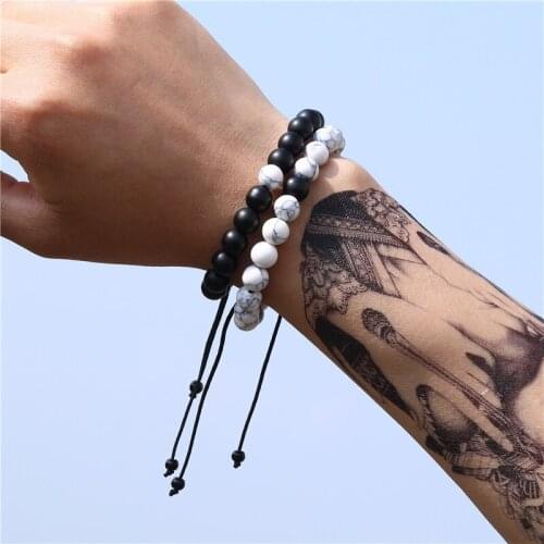 Couple bracelet black White stone beads bracelet set elastic rope pulsera hombre Men women jewelry lovers accesorios adjustable