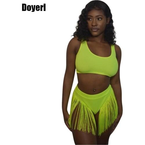 Neon Green Sexy Two Piece Set Women Top and Shorts Swimwear Tassel 2 Piece Summer Beach Short Set Women Matching Set Outfit 2020