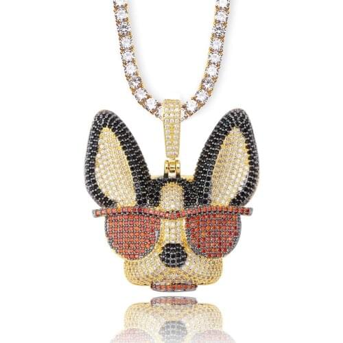 New Trendy Cool Fashion Puppy In Sunglasses Necklaces For Men Women Charm Chain Jewelry Micro Pave Zircon Necklaces Tennis Chain