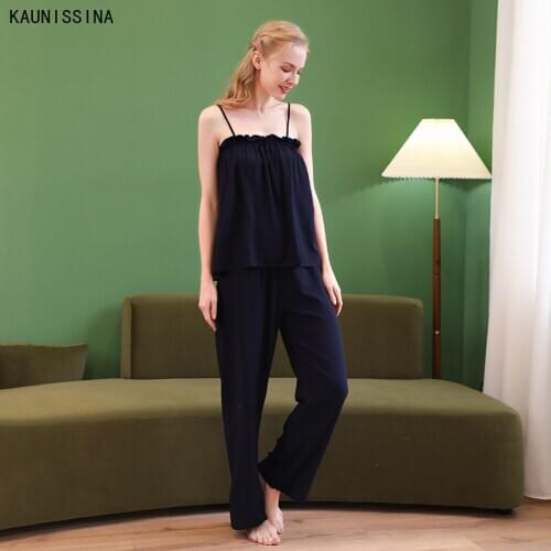 Women Sexy Sleepwear Two Piece Pajamas Sets Cotton Spaghetti Strap Sleeveless Tops Long Pants Pajama Lounge Wear Homewear Suit
