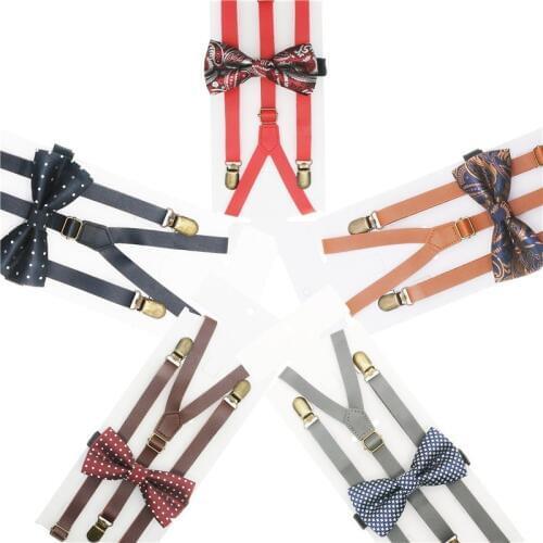 1.5cm Width Solid Braces Mens/women Pu Suspender Bowtie Set Knot Synthetic Leather Suspenders Y Back 3 Clips Wedding Party Wear
