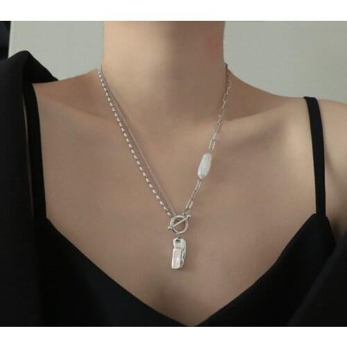 Origin Summer Irregular Geometric Metallic Imitation Pearl Pendant Necklace for Women Asymmetry Toggle Clasp Necklace Jewellery