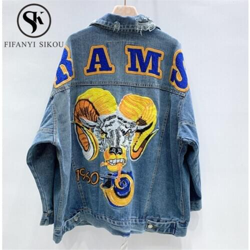 Ripped Denim Jacket Women Streetwear Fashion Embroidery Jeans Jacket Pocket Lapel Loose Long Sleeve Jeans coat Female 2020 New