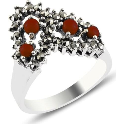 Silverlina Silver Red Agate & Marcasite Ring