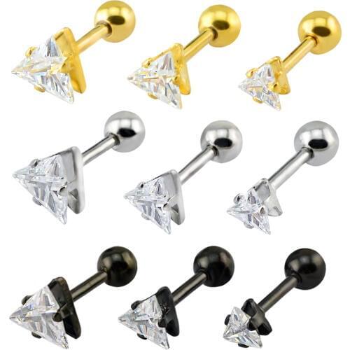 Triangle cubic zirconia earrings for women 2018 men Stainless Steel small earrings black double sided ear stud simple female