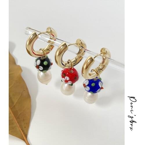 PerisBox 3 Colors Coloured Glaze Flower Ball With Freshwater Pearl Hoop Earring For Women Boho Cute Summer Jewelry