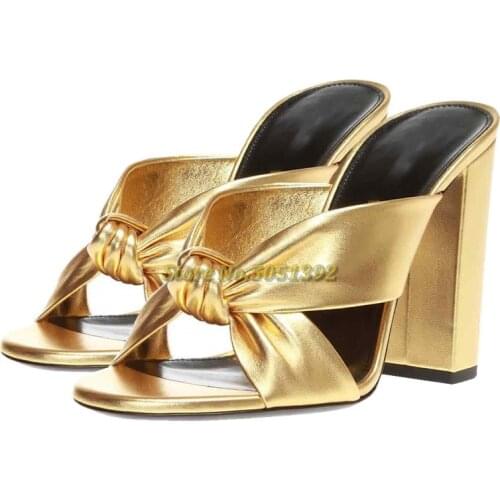 Block Heel Summer Slippers Roudn Toe Twist Solid Gold Leather Dress Women Slides High Chunky Heels Slip On Dress Women Shoes