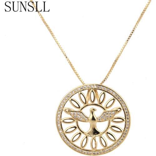 SUNSLL Hot Selling Handmade Golden Round Hollow Bird AAA Cubic Zirconia Pendant Necklace for Women Colar Jewelry Feminina Gift