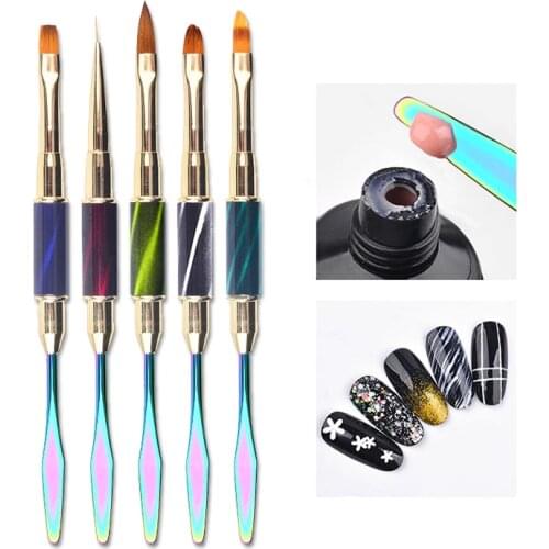 UV Gel Nail Brush Dual-ended Spatula Nylon Hair Flat Pusher Liner For Acrylic Gel Nail Tips Extension Building Nail Brush Tools