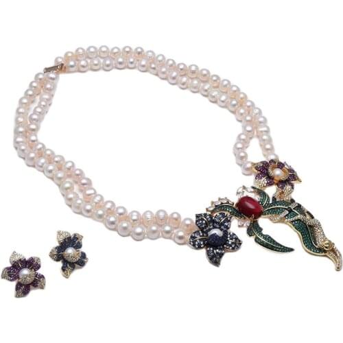 GuaiGuai Jewelry 2 Rows White Freshwater Pearl Necklace CZ Pave Annimal Flower Monkey Gold Color Plated Pendant Earrings Sets