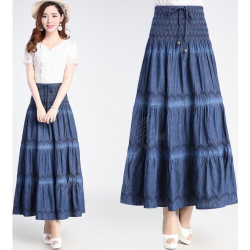 Free Shipping 2018 New Fashion Long Maxi A-line Skirt Women High Elastic Waist Summer And Autumn Denim Jeans Lace-up Skirts L-XL