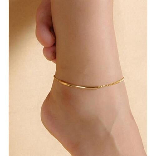 Women Golden Tone Elbow Pipe Chain Anklet Bracelet Barefoot Sandal Foot Jewelry 2020