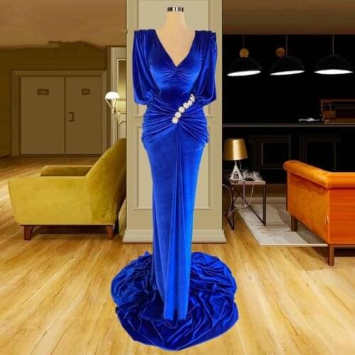 Velour Royal Blue Prom Dresses Deep V Neck Pleats Flowers Appliques Long Mermaid Evening Dress For Women Formal Party Gowns