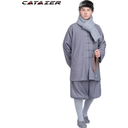 Winter Buddhist Monk Warm Cotton Wool Robe Uniforms Zen Abbot Meditation Lay Coat Martial Art Suits