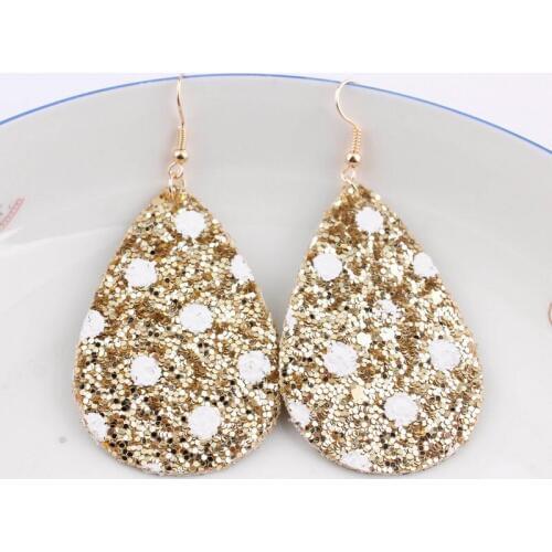 2020 New Gold White Polka Dot Glitter Leather Teardrop Earrings for Women Fashion Leather Jewelry Christmas Gifts Wholesale