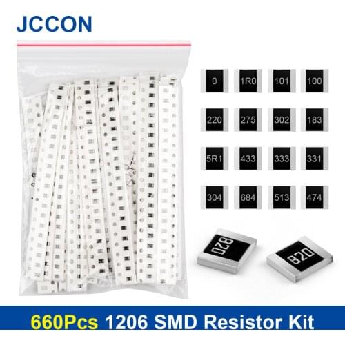 660Pcs 1206 SMD Resistor Assorted Kit 1ohm-1M ohm 33Values x 20Pcs=660Pcs Sample Kit 1% Chip Fixed Resistor DIY