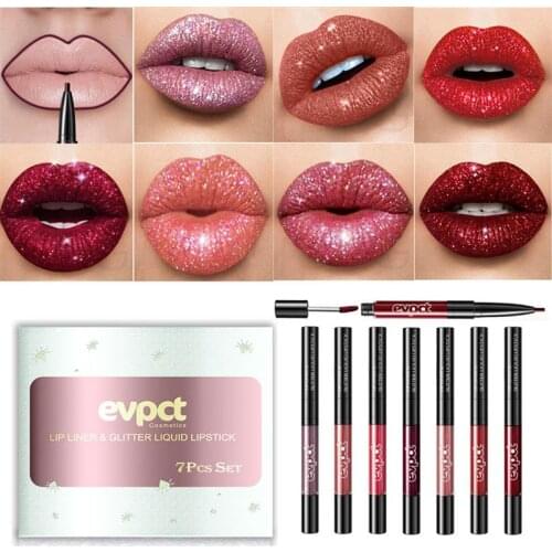 7pcs Glitter Lip Liner Lipstick Set Double Head Two-In-One Diamond Lip Gloss Lip Liner Long Lasting Non-Stick Cup Matte Lipstick