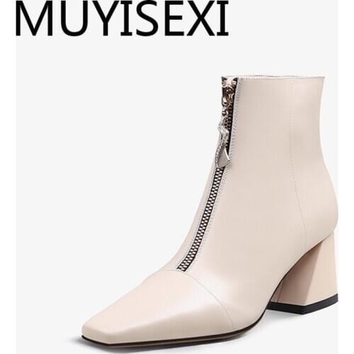 Front zipper genuine leather square toe streetwear 5.5cm high heels winter keep warm fashion Chelsea ankle boots HL284 MUYISEXI