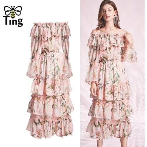 Tingfly Designer Lily Flower Print Summer Flowy Chiffon Layered Midi Long Party Night Dresses Slash Neck Pink Summer Largo Robes