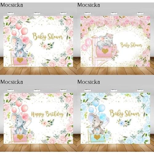 Mocsicka Elephant Newborn Baby Shower Backdrop Pink Blue Floral Balloons Child Birthday Photography Background for Photo Studio