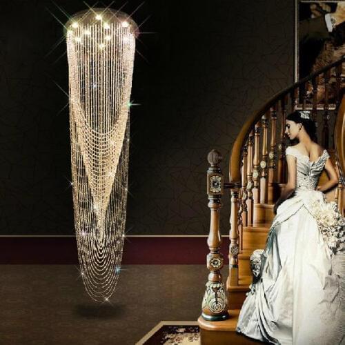 Chrome Silver LED Chandeliers Light Fixture Long Crystal Pendant Lamps Home Hotel Foyer Lobby Restaurant Droplights AC110V 220V