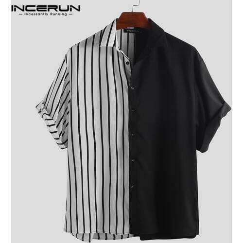 INCERUN 2021 Fashion Striped Patchwork Men Shirt Short Sleeve Loose Button Up Hip-hop Personality Casual Brand Shirts Men Camisa