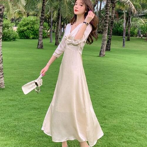 Summer Elegant Runway 2021 Party Night Dress Vintage Korean Japanese Tea Vacation Beach Dress Long Apricot Women Satin Dresses