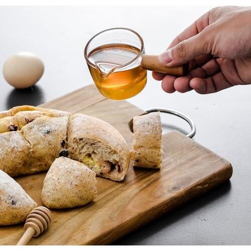 Cute Glass Milk Jug Mini mug with Wooden Handle for Coffee Bread Milk Jug Small Dish Steak Sauce Bucket Honey Cup Seasoning