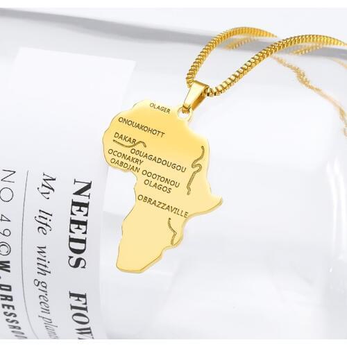 Fashion Africa Country Map Necklace Stainless Steel Box Chain Pendant Travelers Jewelry Unisex Men Women Ethnic Gift