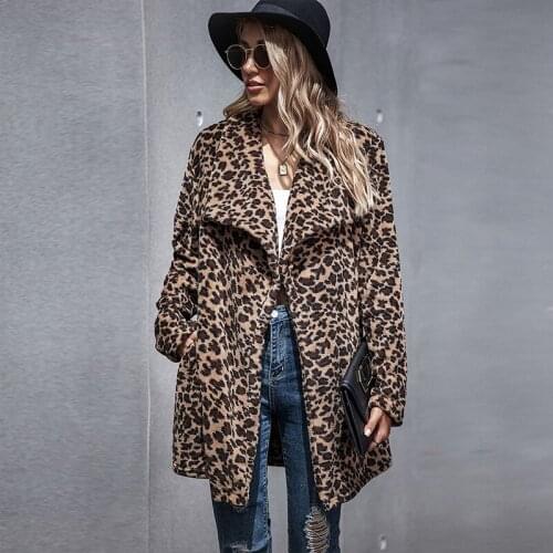 Fashion Leopard Women Coats Print Lapel Long Sleeve Warm Wool Coat Female Jacket Fall Clothes for Women Long Wool Coat