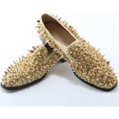 Glitter Spikes Shoes Mens Loafers Slip On Fashion Men Shoes Rivet Flats Black Gold Blue Loafers Men Casual Shoes Wedding Flats