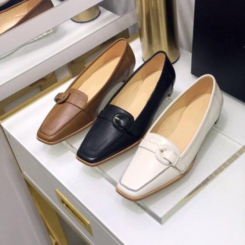 New Fashion Womens Spring Summer Flats Genuine Leather Shoes Hot Sell Luxury Brand Shoes Size 35-39 Square Toe Loafers