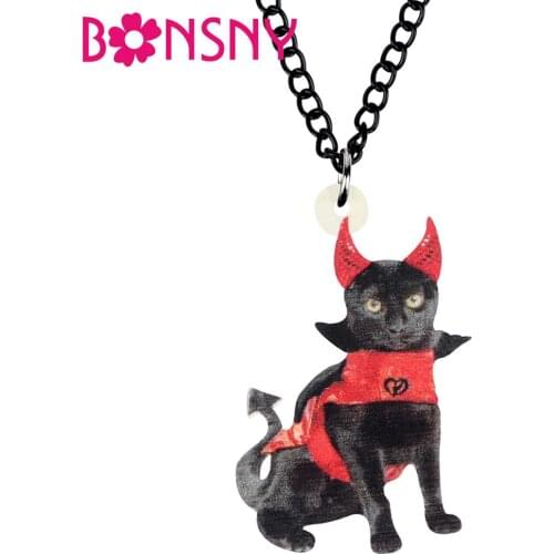 Bonsny Acrylic Halloween Sitting Black Cat Necklace Animal Pets Collar Pendant Chain Jewelry For Women Teen Charm Gift Accessory