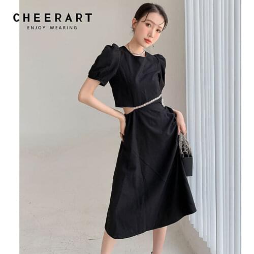 CHEERART Cut Out Puff Sleeve Black Beaded Dress Women Summer Short Sleeve A Line Ladies Desinger Dress Korean Fashion Clothing