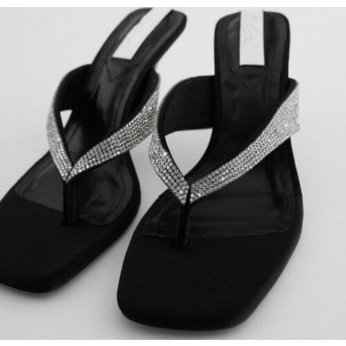 Square Toe High-Heeled Sandals Female Summer New Style Fairy Female Wind Word With Rhinestone Stiletto Flip-Flops Female Sandals