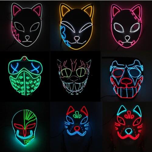 Luminous EL Wire Mask Cosplay Demon Slayer Bleach Anime Fox Scary Monster Glowing LED Party Mask For Halloween Decoration